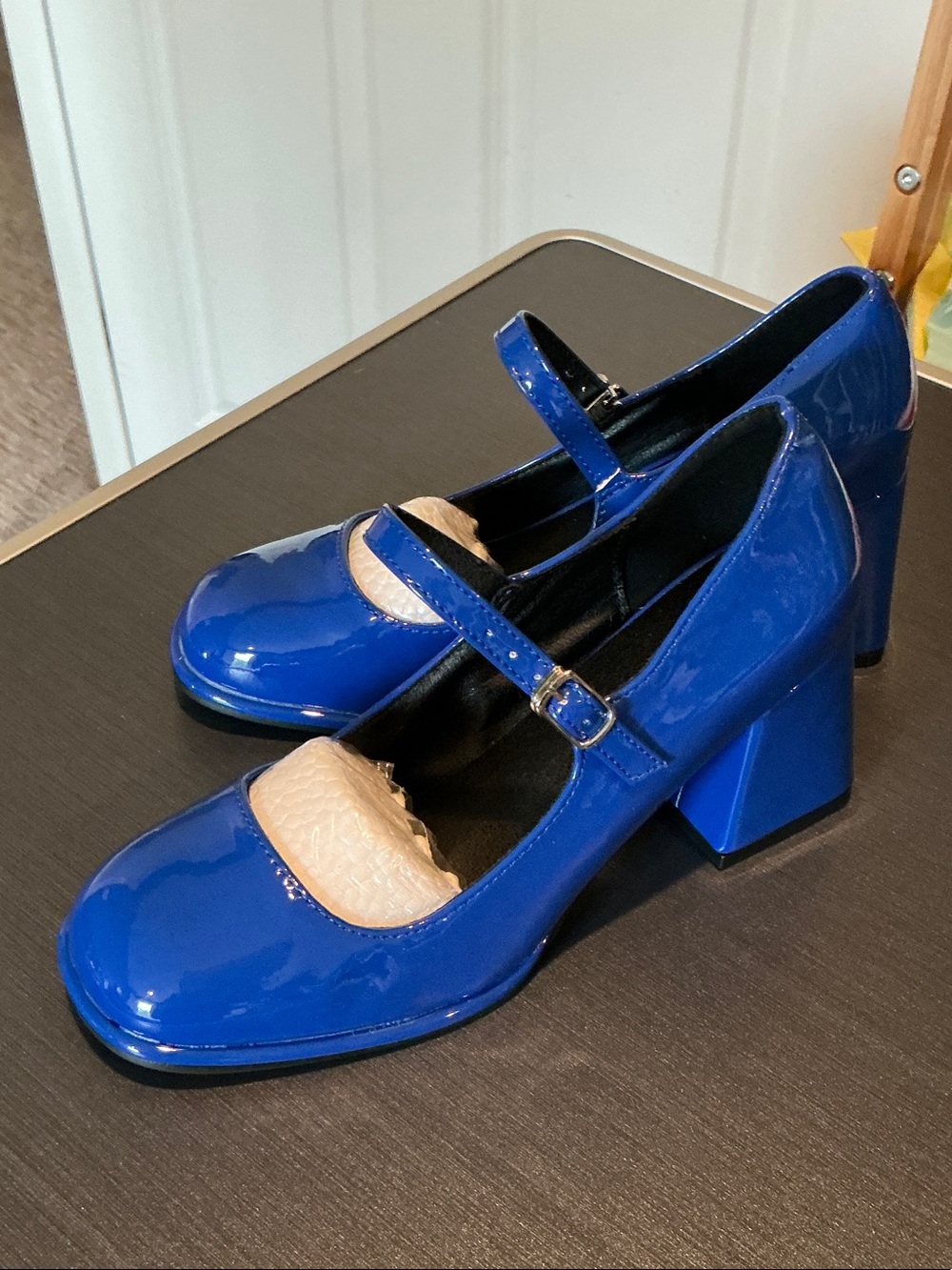 Patent Mary Jane Block Heel Pumps in Blue
